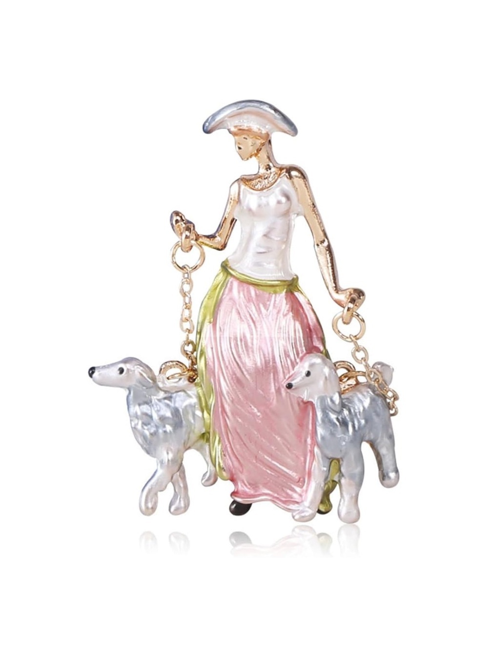Vintage Lady Walking Dogs Brooch Pin | Enamel Fashion Jewelry